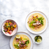 Grilled chicken tacos with radish and mango salsa