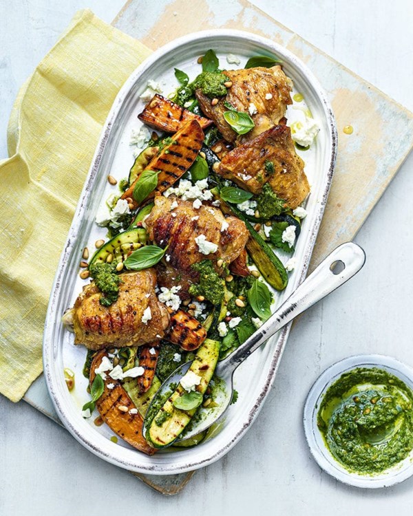 Grilled chicken thighs, sweet potato wedges, courgettes and feta 