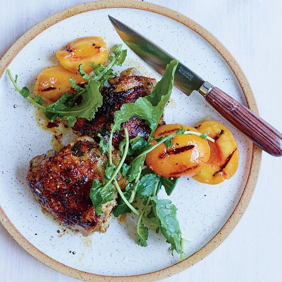 Grilled chicken thighs with pickled peaches