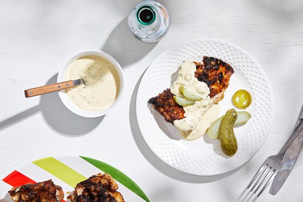 Grilled chicken thighs with pickled white barbecue sauce