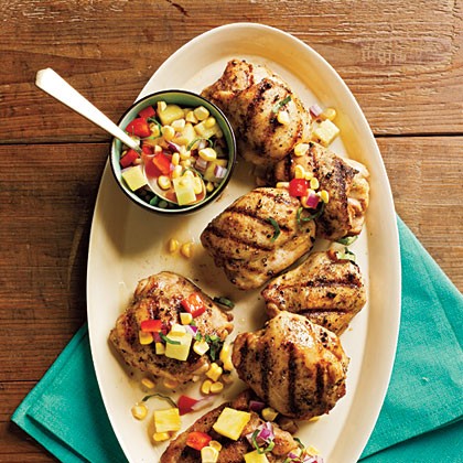 Grilled chicken thighs with pineapple, corn, and bell pepper relish