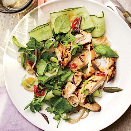 Grilled chicken thighs with Thai basil salad