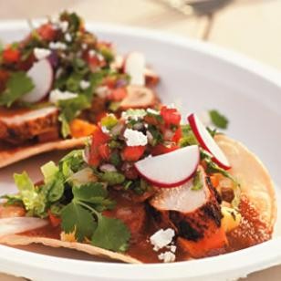 Grilled chicken tostadas with sweet-&-sour vegetables