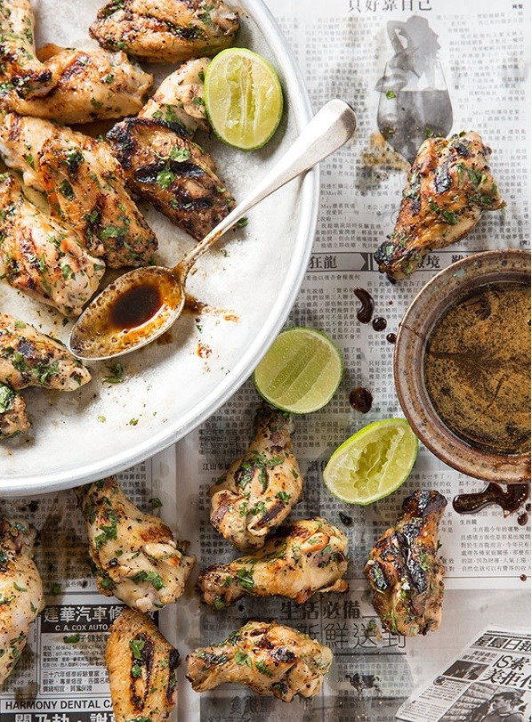 Grilled chicken wings with cider barbecue sauce