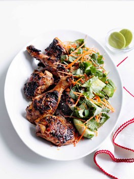 Grilled chicken with cucumber, carrot and Asian herb salad