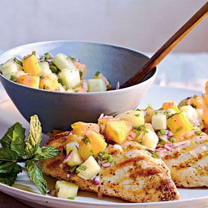 Grilled chicken with cucumber-melon salsa