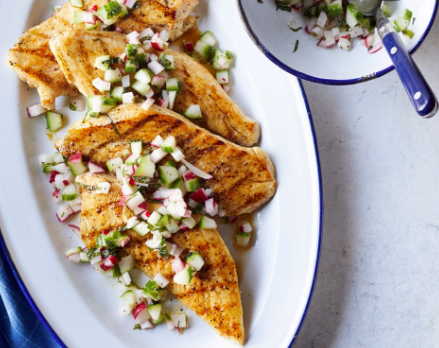 Grilled chicken with cucumber-radish salsa