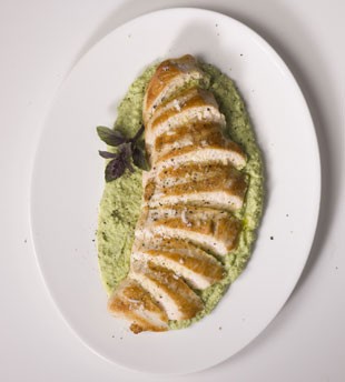 Grilled chicken with edamame skordalia