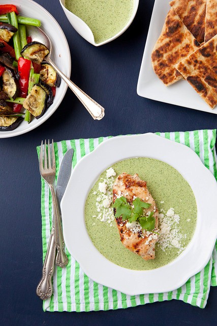 Grilled chicken with garlicky green sauce