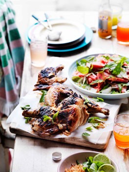Grilled chicken with pickled watermelon salad