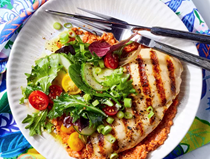 Grilled chicken with red pepper-pecan romesco
