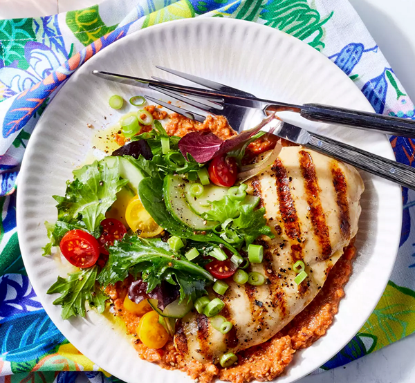 Grilled chicken with red pepper-pecan romesco sauce