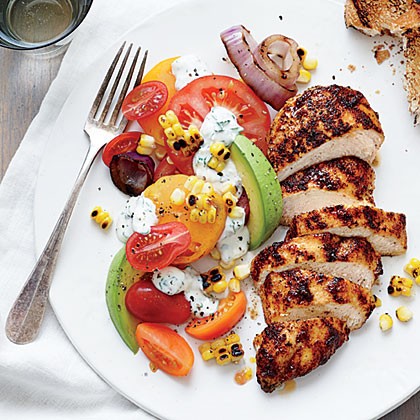 Grilled chicken with tomato-avocado salad