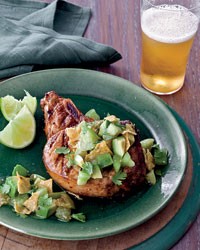 Grilled chile pork chops with tortilla-tomatillo salsa