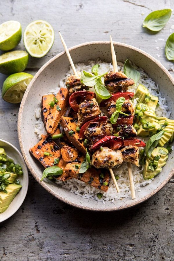 Grilled chili lime honey chicken and sweet potatoes with avocado salsa