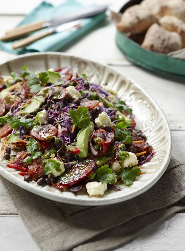 Grilled chorizo and avocado salad