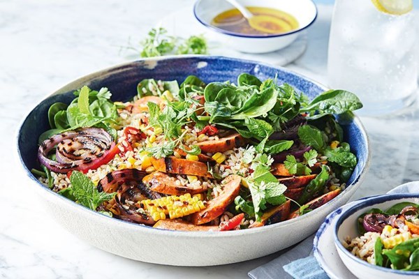 Grilled chorizo and corn with grain salad