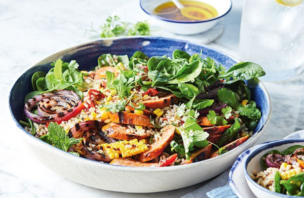 Grilled chorizo and corn with grain salad