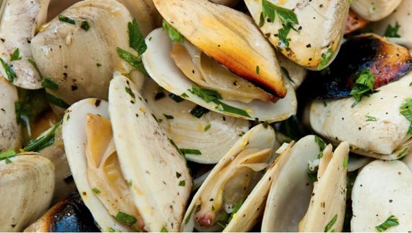 Grilled Cloudy Bay tuatua with lemon tarragon butter