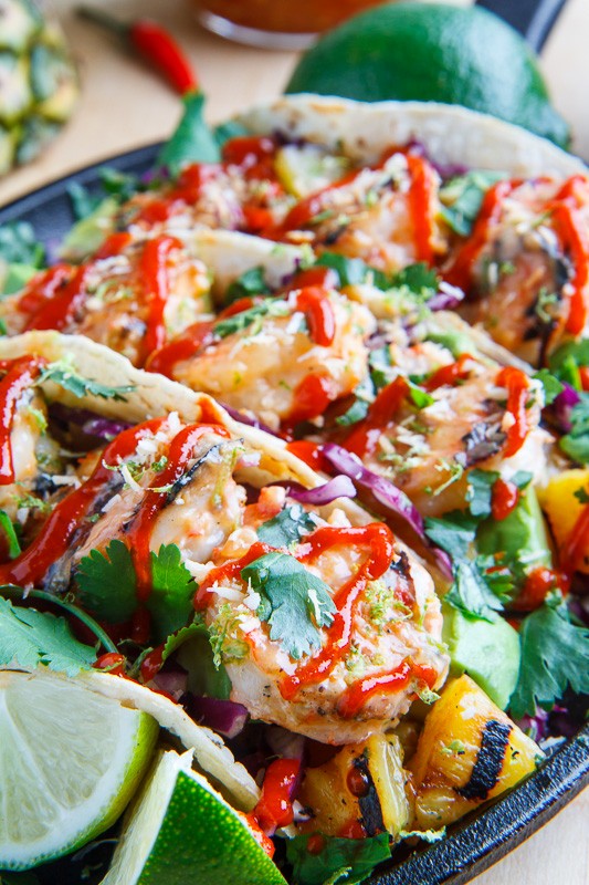 Grilled coconut and pineapple sweet chili shrimp tacos