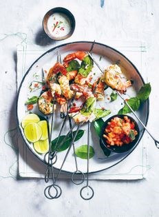 Grilled coconut ginger prawns with papaya salsa