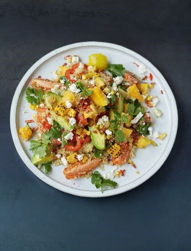 Grilled corn & quinoa salad with mango, tomatoes & feta