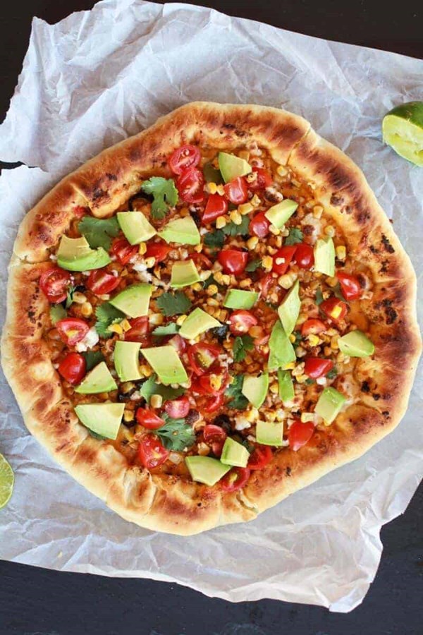 Grilled corn and chipotle pesto pizza with queso fresco