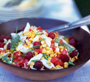 Grilled corn and crab salad with raspberries