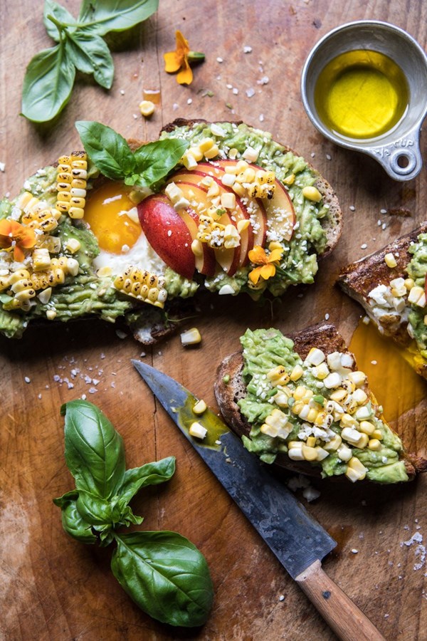 Grilled corn and feta egg in a hole avocado toast
