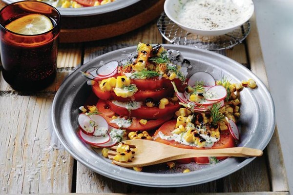 Grilled corn and tomato salad with grilled shallot dressing