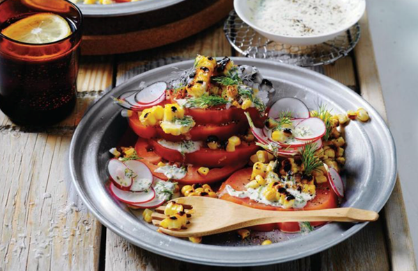 Grilled corn and tomato salad with grilled shallot dressing