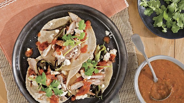 Grilled corn, cherry tomato, and scallion tacos