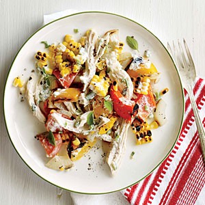 Grilled corn, chicken, and bell pepper salad