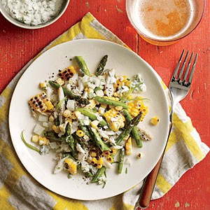 Grilled corn, crab, and asparagus salad