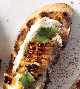 Grilled corn, crema Mexicana & cilantro crostini