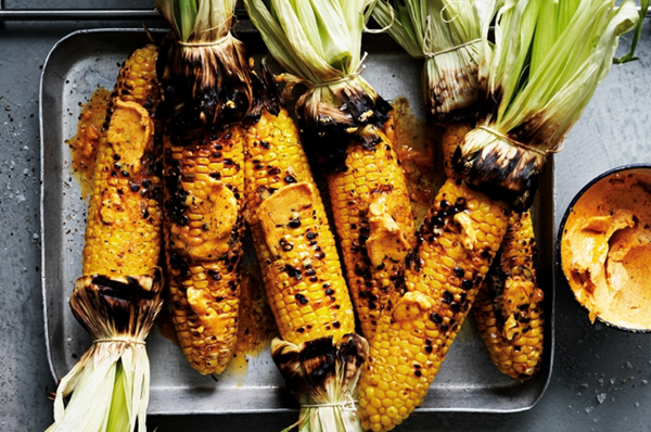 Grilled corn on the cob with chicken salt butter