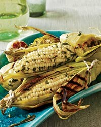 Grilled corn on the cob with roasted garlic and herbs