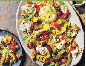 Grilled corn, peach, tomato & burrata salad