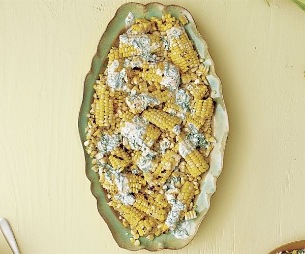 Grilled corn planks with tarragon crème fraîche