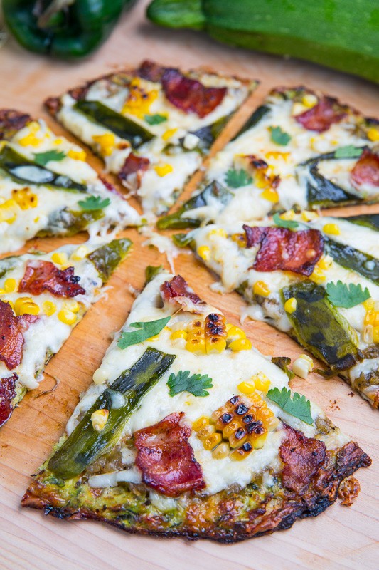 Grilled corn, roasted poblano and bacon zucchini crust pizza