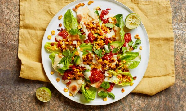 Grilled corn salad, tahini crema and crispy tortillas