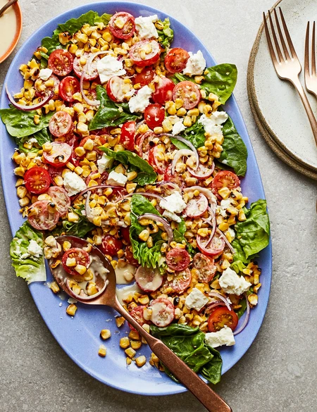 Grilled corn salad with tahini miso dressing