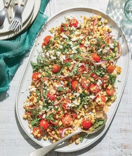 Grilled corn, tomato, and roasted pepper salad with cilantro