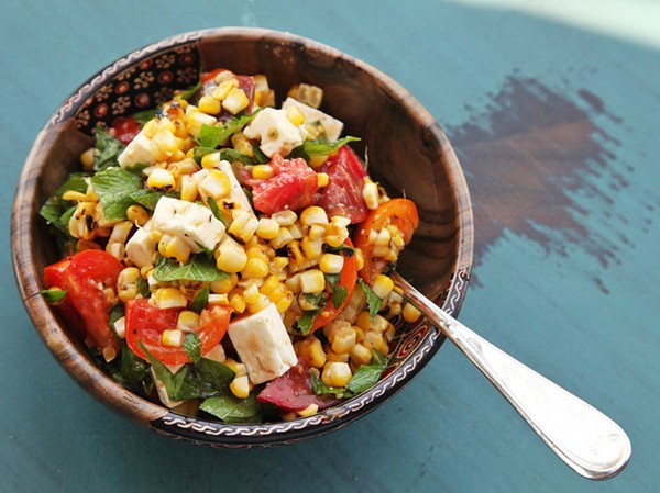 Grilled corn, tomato, feta, and herb salad