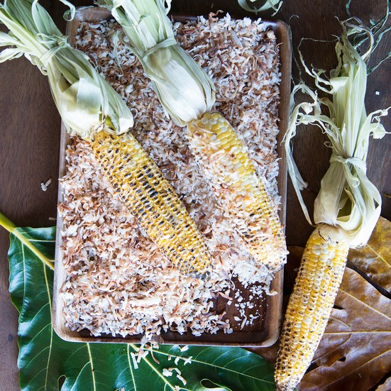 Grilled corn with jerk mayo and coconut