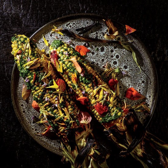 Grilled corn with nasturtium emulsion and flowers