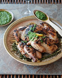 Grilled Cornish hens with salsa verde