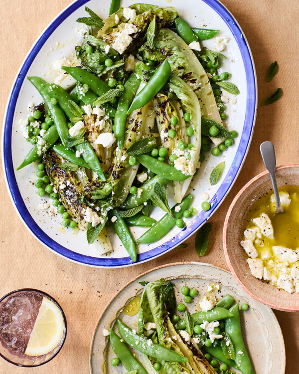 Grilled cos lettuce and peas with feta