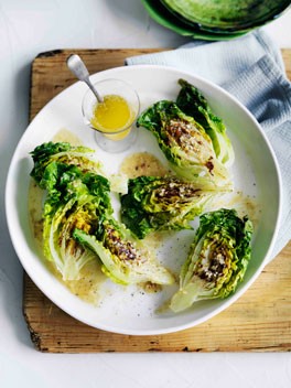 Grilled cos with lemon-anchovy butter dressing
