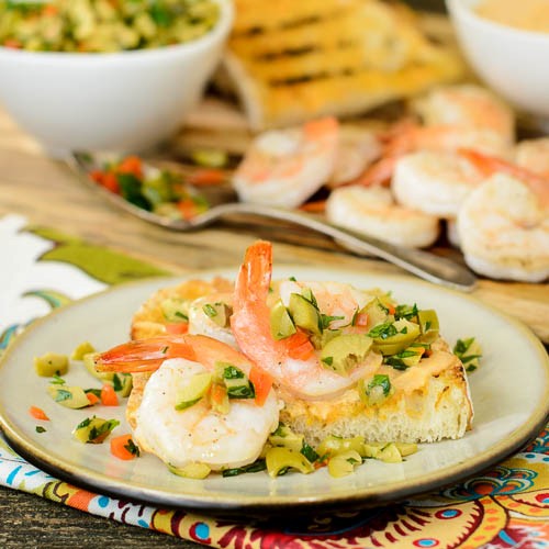 Grilled country bread with shrimp, Portuguese aïoli, and green olive relish
